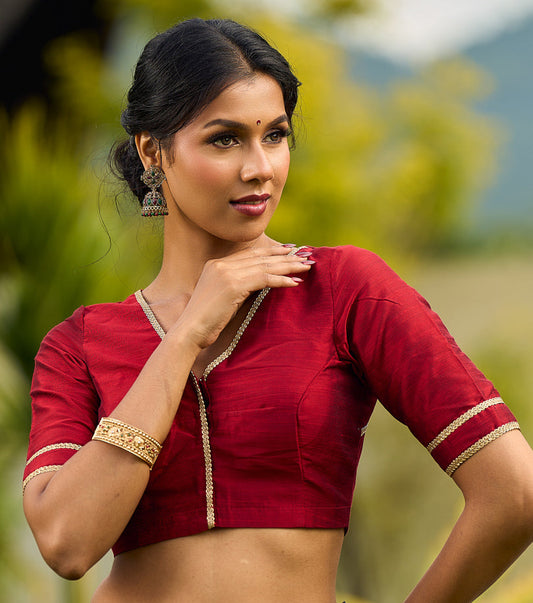 Classic Maroon Cotton Silk Blouse with Gold Lace Detailing