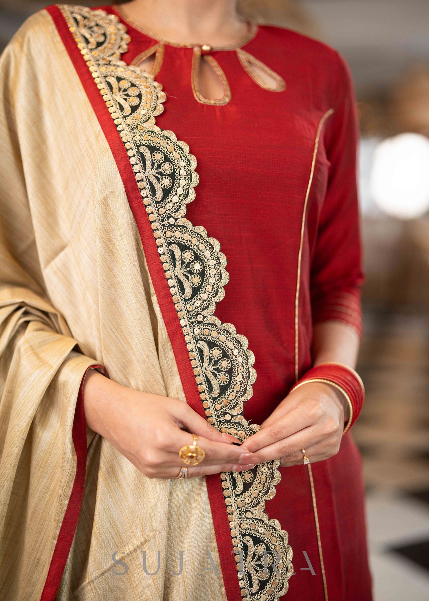 Beautiful Maroon Cotton Silk Kurta With Sequence Work On Neckline