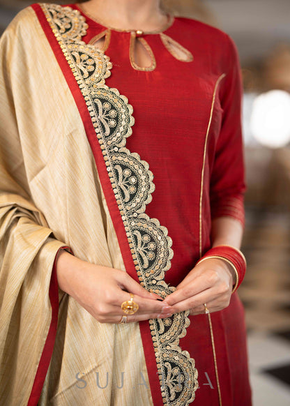 Beautiful Maroon Cotton Silk Kurta With Sequence Work On Neckline