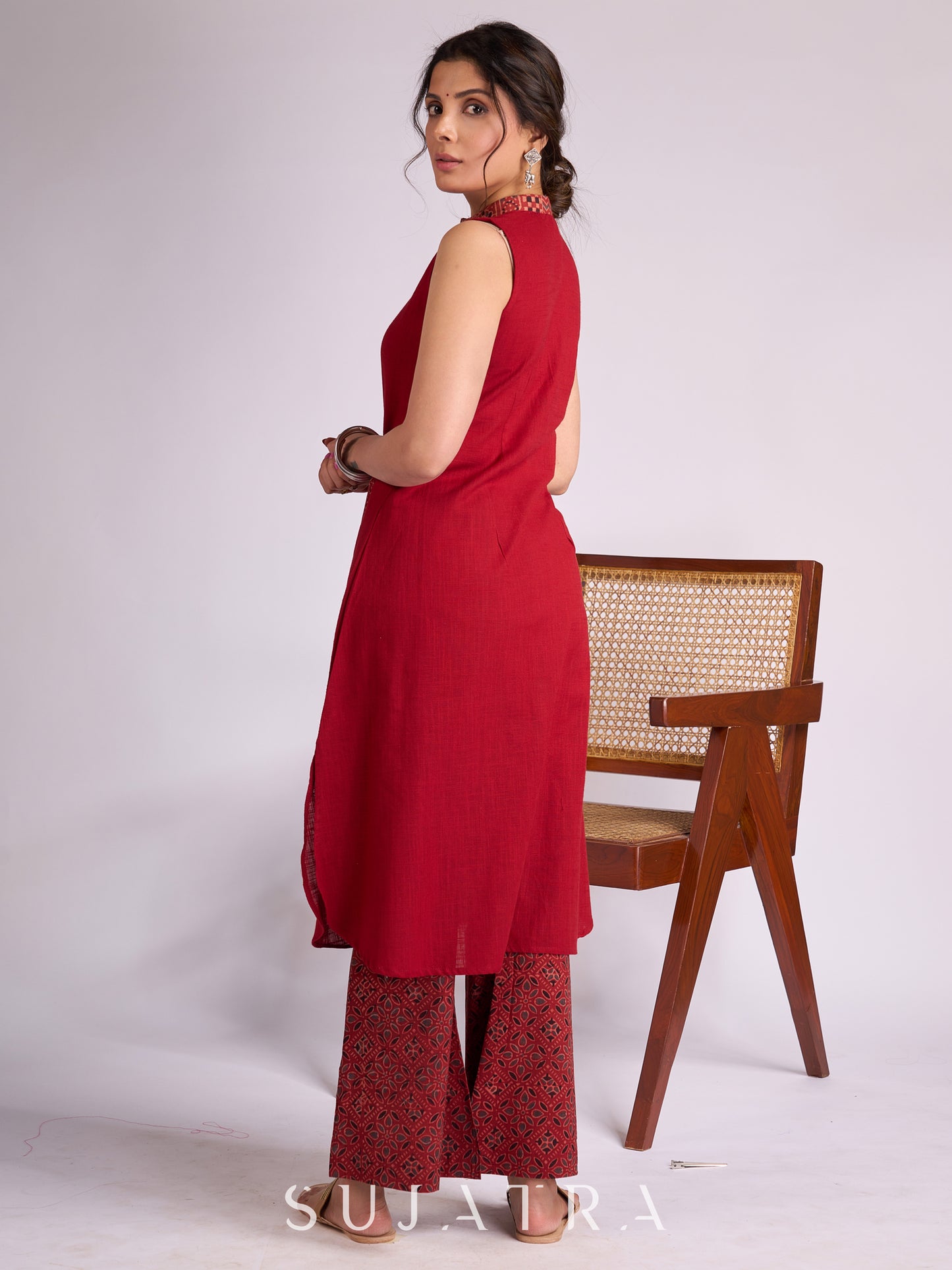 Maroon Cotton Kurta with Ajrakh Collar Placket & Pocket Detailing