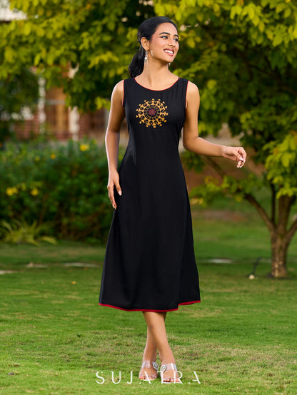 Chic Black Sleeveless Rayon Dress Adorned With Hand-Painted Warli Motif And Maroon Detailing