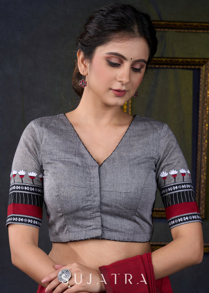 Graceful Grey Cotton Embroidered Blouse - Optional Plain Saree