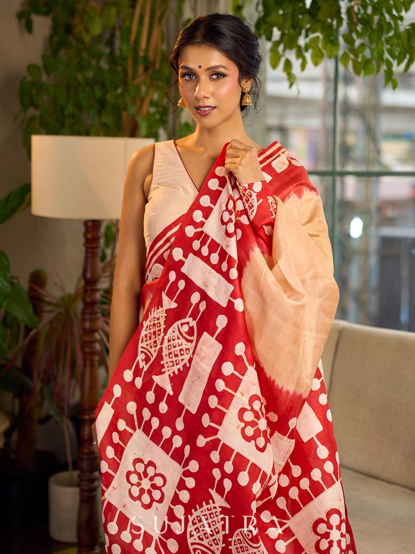 Vibrant Red Pure Silk Saree with Tribal Printed Pallu & Border