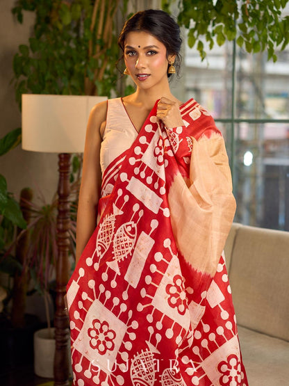 Vibrant Red Pure Silk Saree with Tribal Printed Pallu & Border
