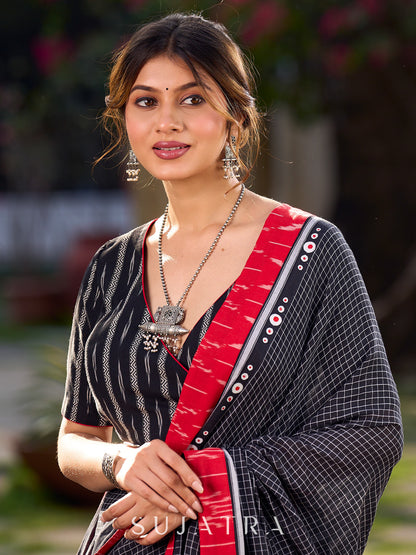 Noir Cotton Checkered Saree with Contrasting Red Ikat Accents