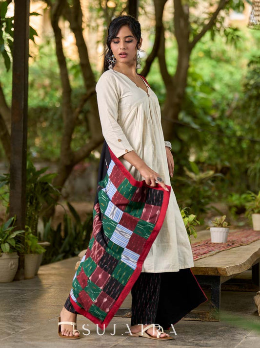 Chic Black Rayon Dupatta with Kantha & Mirror Embroidery and Ikat Patchwork Pallu