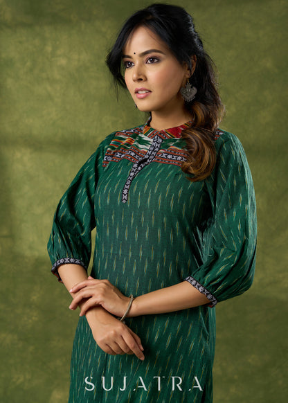 Smart Green Cotton Ikat Combination Kurta - Pant Optional