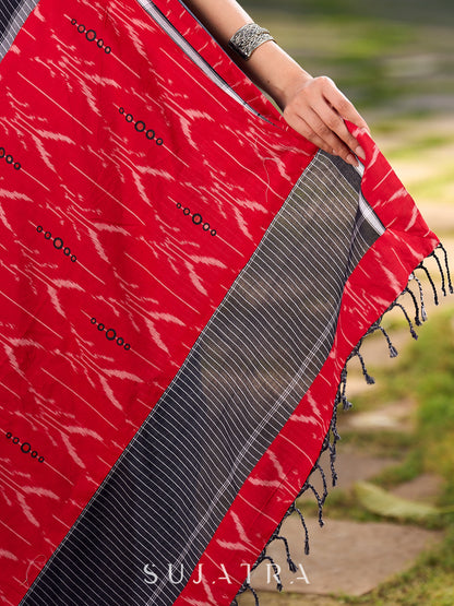 Black Cotton Checkered Saree with Contrasting Red Ikat Border