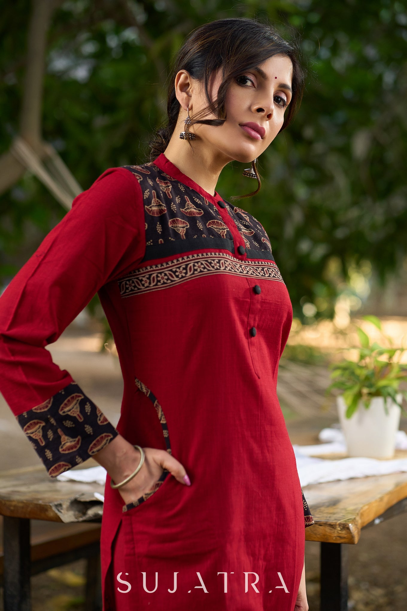 Classic Maroon Cotton Kurta Featuring Subtle Ajrakh Accents