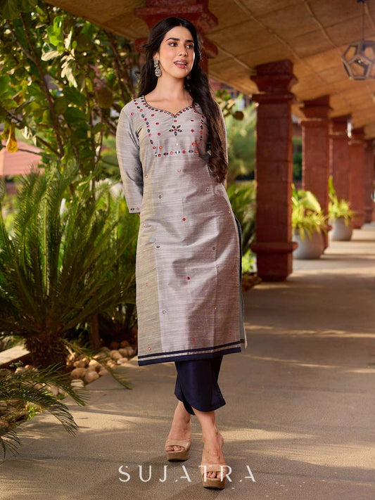 Refined Grey Cotton Silk Kurta with Intricate Contrasting Mirror Work