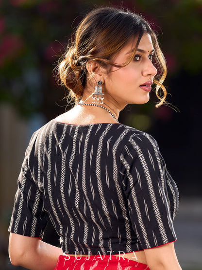 Black Cotton Checkered Saree with Contrasting Red Ikat Border