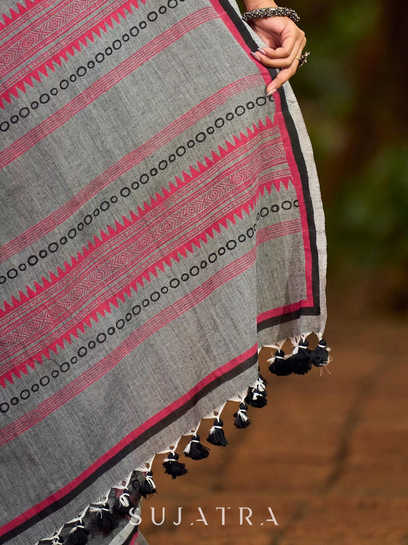Poised Grey Cotton Saree with Classic Hand Block Printed Borders