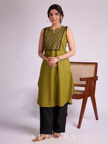 Olive Green Rayon Kurta with Elegant Ajrakh Yoke & Black Piping