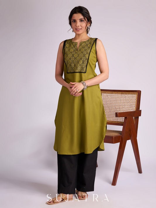Olive Green Rayon Kurta with Elegant Ajrakh Yoke & Black Piping
