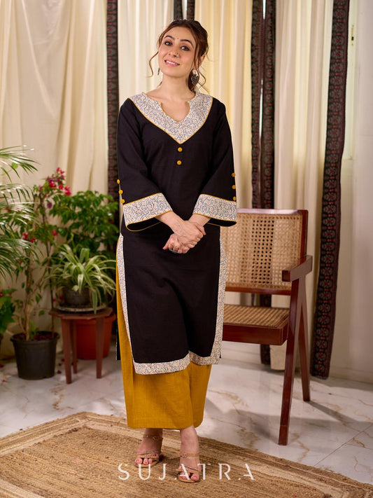 Timeless Black Cotton Kurta with White Floral Hand Block Printed Yoke, Cuffs & Hem with Contrast Button Detail