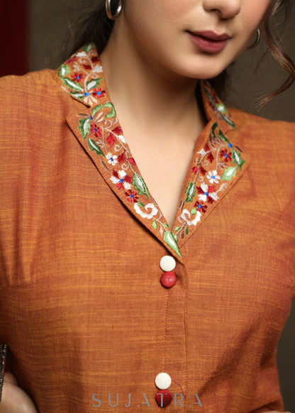 Trendy Rust cotton tunic with embroidered collar & sleeves - Co ord pant optional