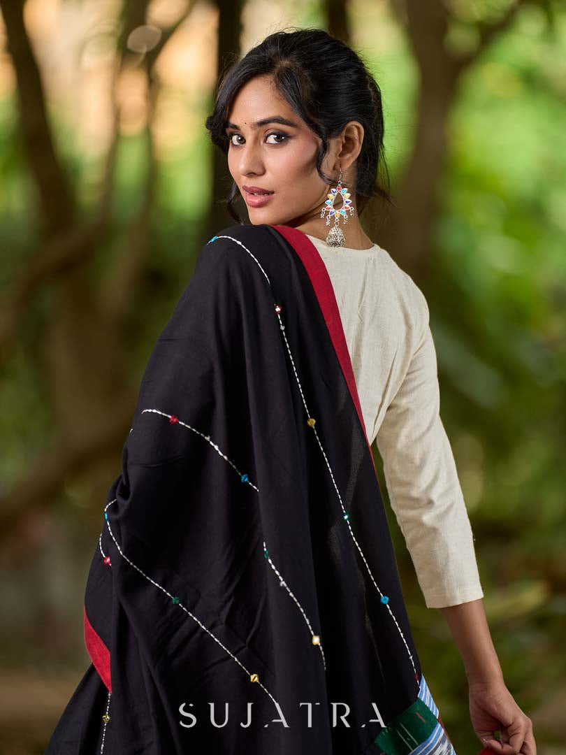 Chic Black Rayon Dupatta with Kantha & Mirror Embroidery and Ikat Patchwork Pallu