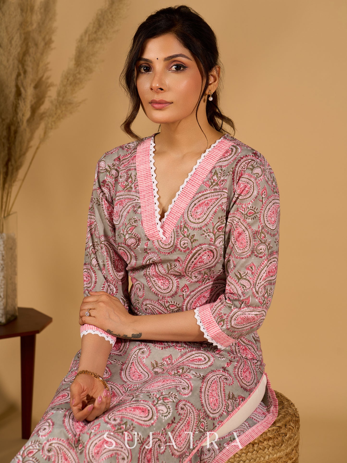 Gleam Grey Cotton Kurta with Paisley Prints and Crochet Charm
