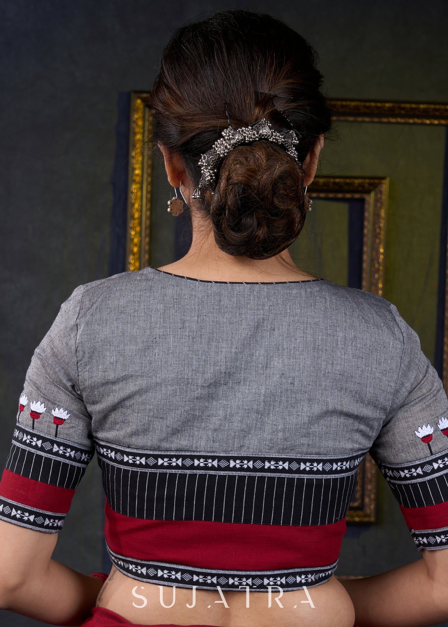 Graceful Grey Cotton Embroidered Blouse - Optional Plain Saree