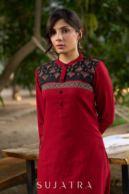 Classic Maroon Cotton Kurta Featuring Subtle Ajrakh Accents