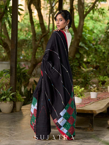 Chic Black Rayon Dupatta with Kantha & Mirror Embroidery and Ikat Patchwork Pallu