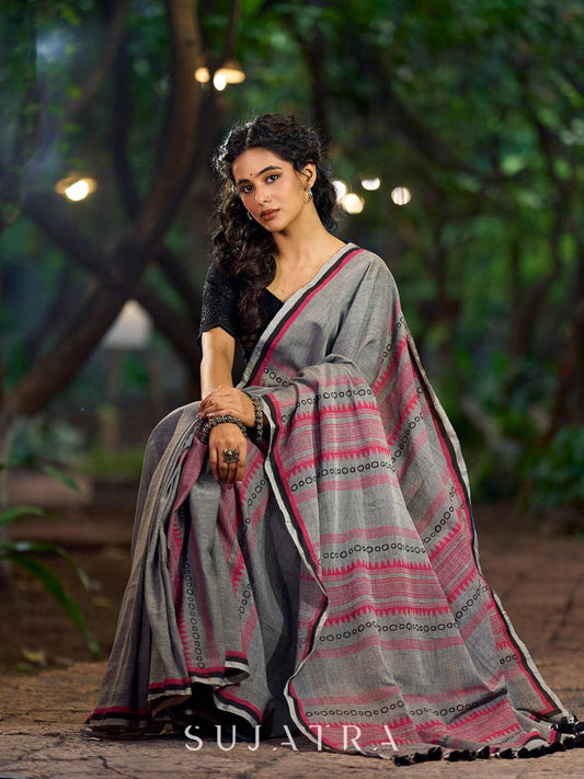 Poised Grey Cotton Saree with Classic Hand Block Printed Borders