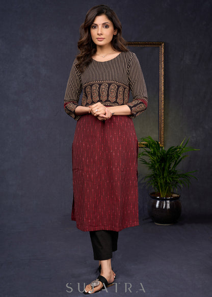 Elegant-Maroon-Cotton-Ikat-And-Ajrakh-Combination-Kurta--Pant-Optional