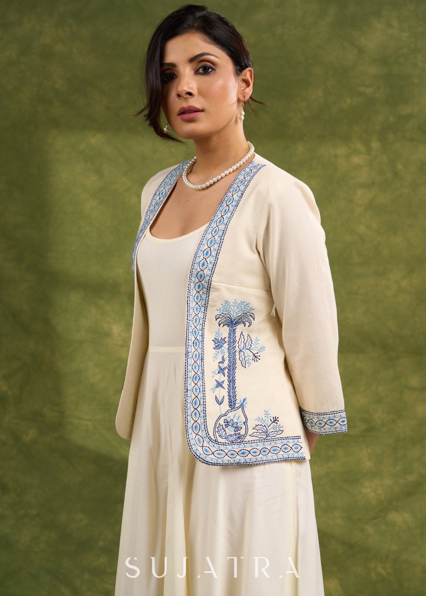 Elegant Cream Cotton Silk Sleeveless Dress - Embroidered Shrug optional