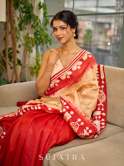 Elegant Red Pure Silk Saree with White Warli Art Print & Folk Motif Pallu