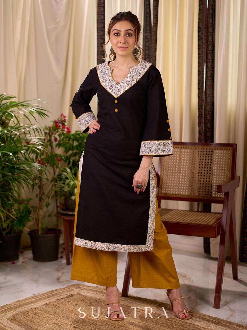 Timeless Black Cotton Kurta with White Floral Hand Block Printed Yoke, Cuffs & Hem with Contrast Button Detail