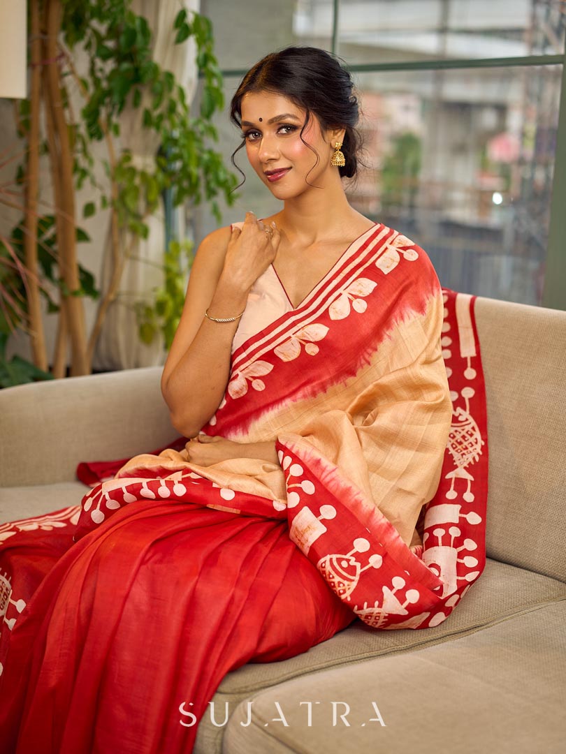 Vibrant Red Pure Silk Saree with Tribal Printed Pallu & Border