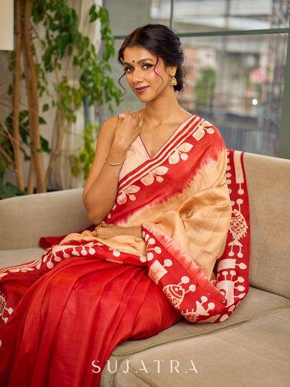 Vibrant Red Pure Silk Saree with Tribal Printed Pallu & Border