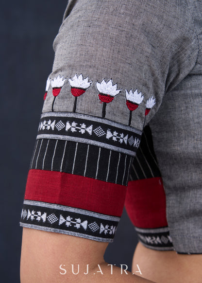 Graceful Grey Cotton Embroidered Blouse - Optional Plain Saree