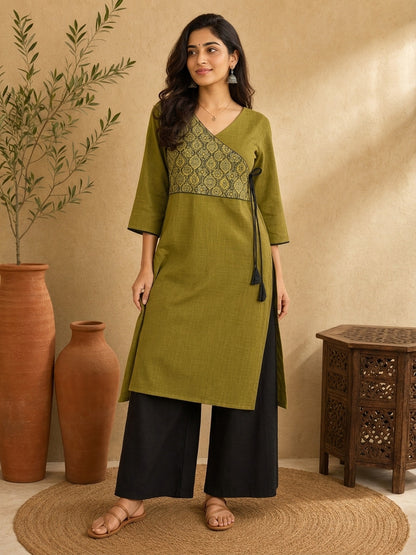 Chic Olive Green Cotton Kurta with Ajrakh Printed Asymmetric Yoke & Black Tassel Tie