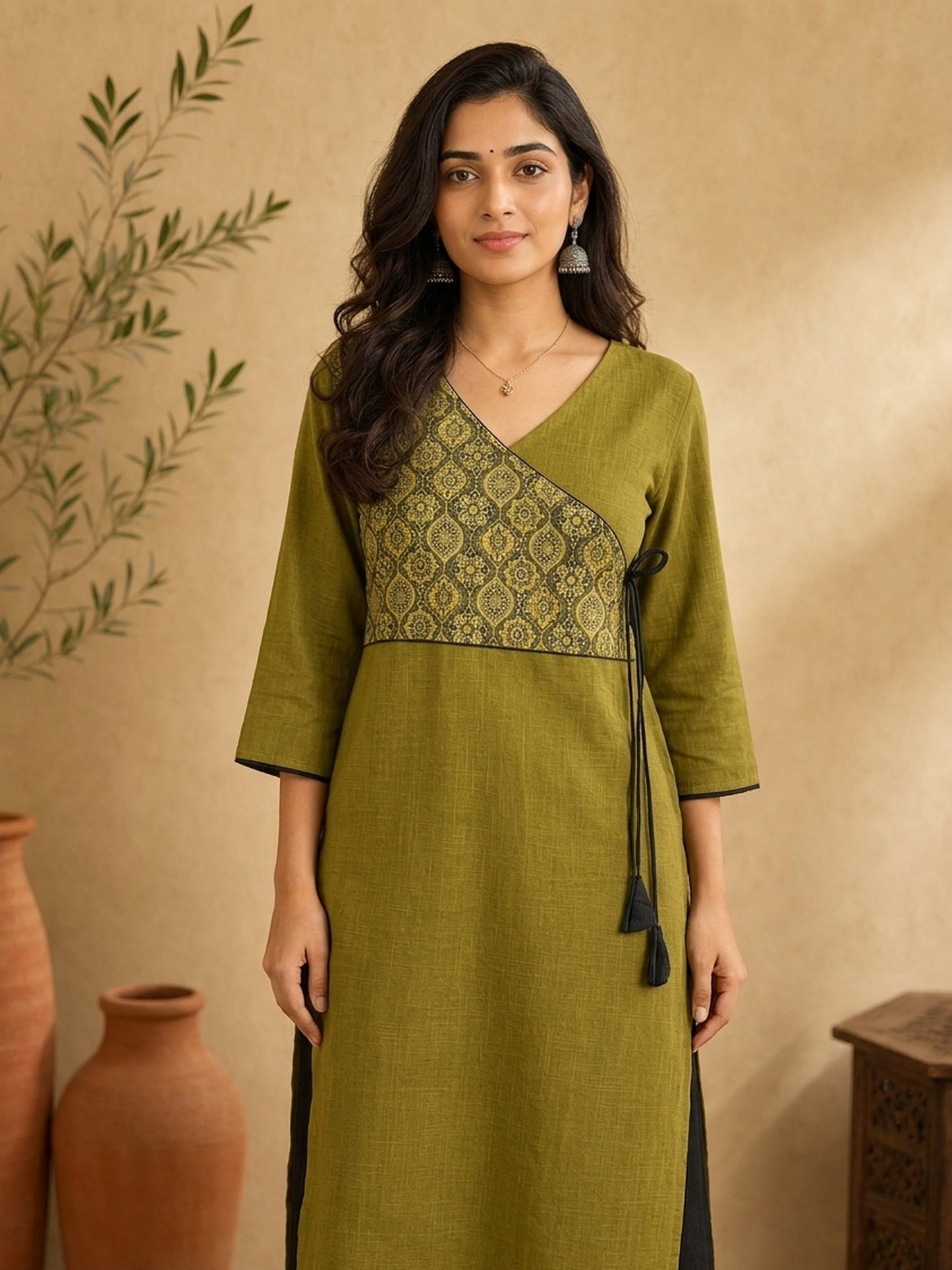 Chic Olive Green Cotton Kurta with Ajrakh Printed Asymmetric Yoke & Black Tassel Tie