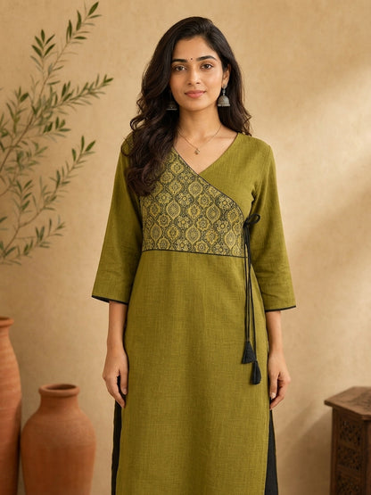 Chic Olive Green Cotton Kurta with Ajrakh Printed Asymmetric Yoke & Black Tassel Tie