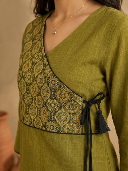 Chic Olive Green Cotton Kurta with Ajrakh Printed Asymmetric Yoke & Black Tassel Tie