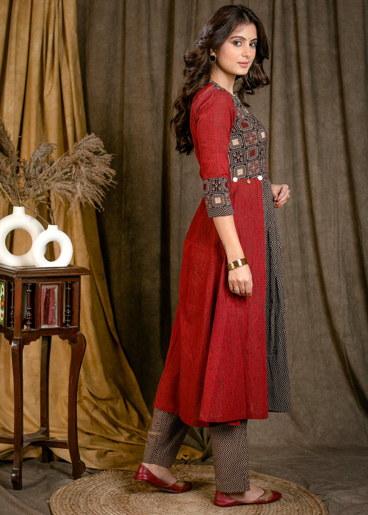 A-Line Cotton Ajrakh Combination Kurta with Gathers in front- Matching Pant Optional