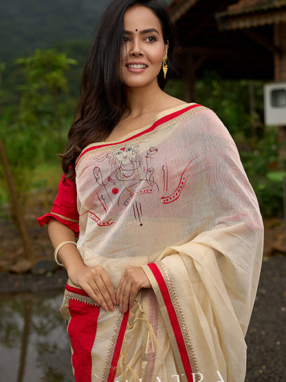 Elegant cream chanderi saree with subtle red border, featuring hand-painted Durga art