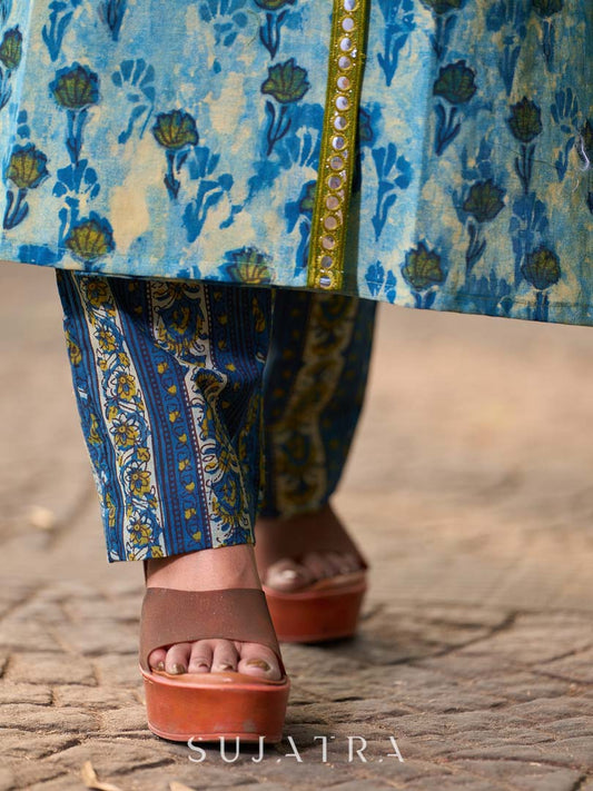 Indigo Floral Straight Pants with Mustard Blossom Accents