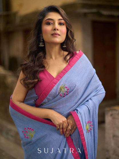 Light Grey Cotton Saree with Delicate Floral Hand Embroidery