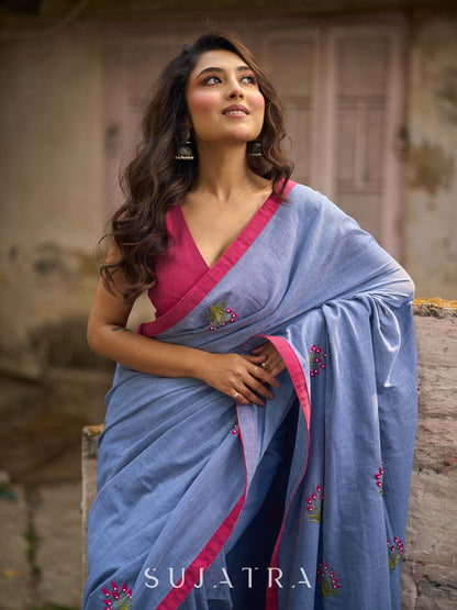 Light Grey Cotton Saree with Delicate Floral Hand Embroidery