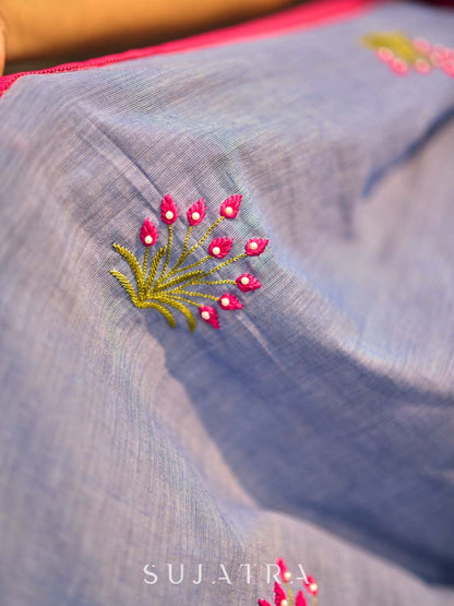 Light Grey Cotton Saree with Delicate Floral Hand Embroidery