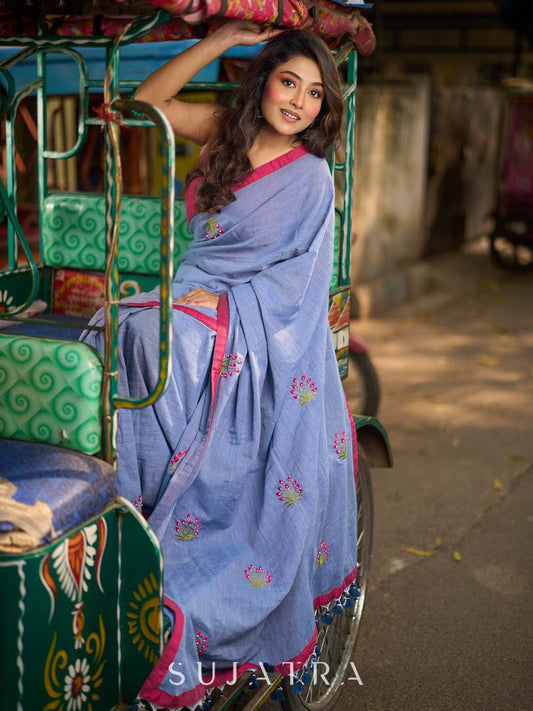 Light Grey Cotton Saree with Delicate Floral Hand Embroidery