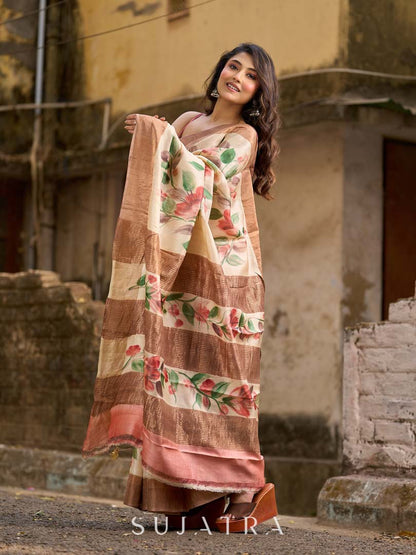Pink Pastel Toned Tussar Silk Saree with Subtle Floral Print