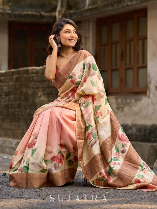 Pink Pastel Toned Tussar Silk Saree with Subtle Floral Print