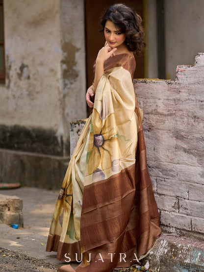 Classic Beige Tussar Silk Saree with Artistic Floral Design