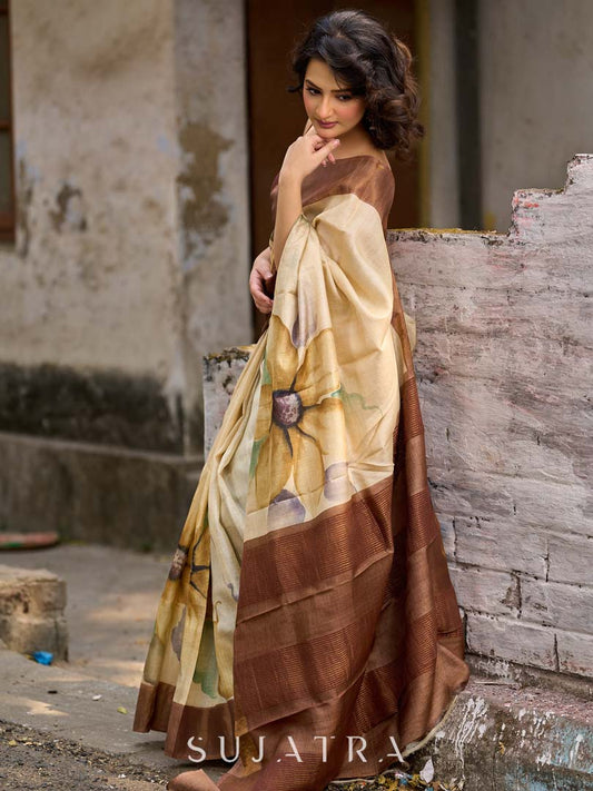 Classic Beige Tussar Silk Saree with Artistic Floral Design