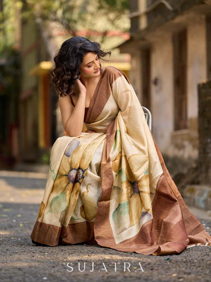 Classic Beige Tussar Silk Saree with Artistic Floral Design