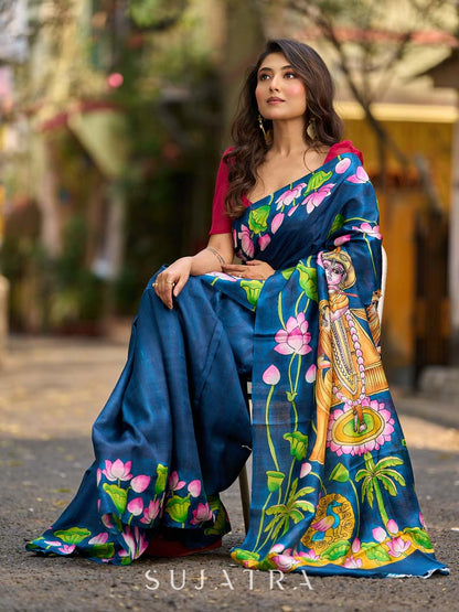Navy Blue Tussar Silk Saree with Heritage Pichwai Print